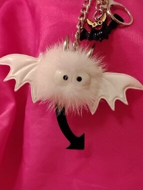 White Furry Bat Keychain Charm with Mini Bat Accent